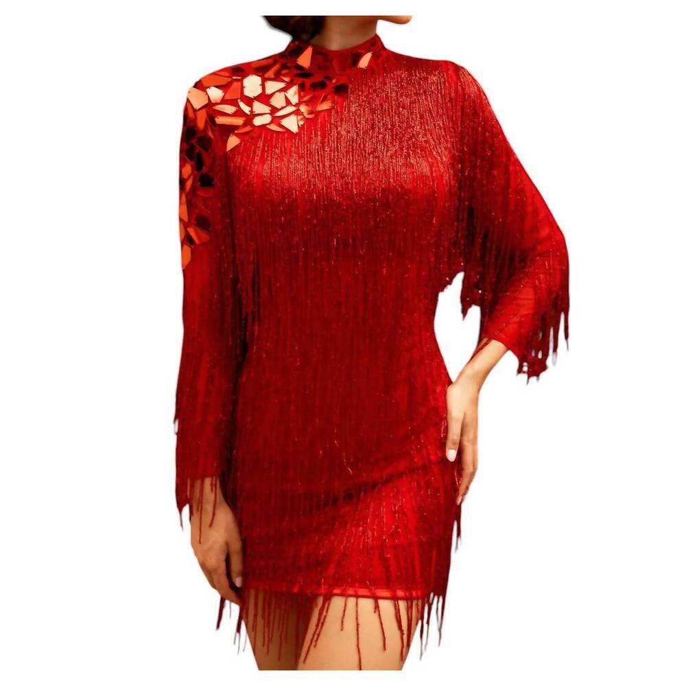 NEW PRIMAVERA high neck beaded fringe cocktail dress in red